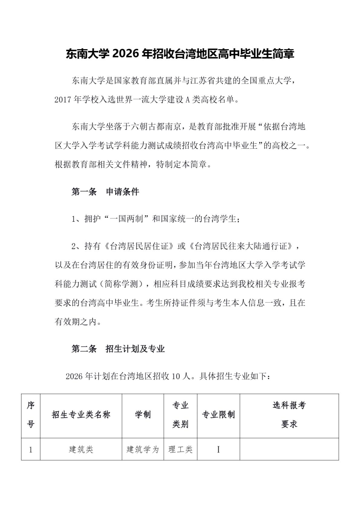 东南大学2026年招收台湾地区高中毕业生简章